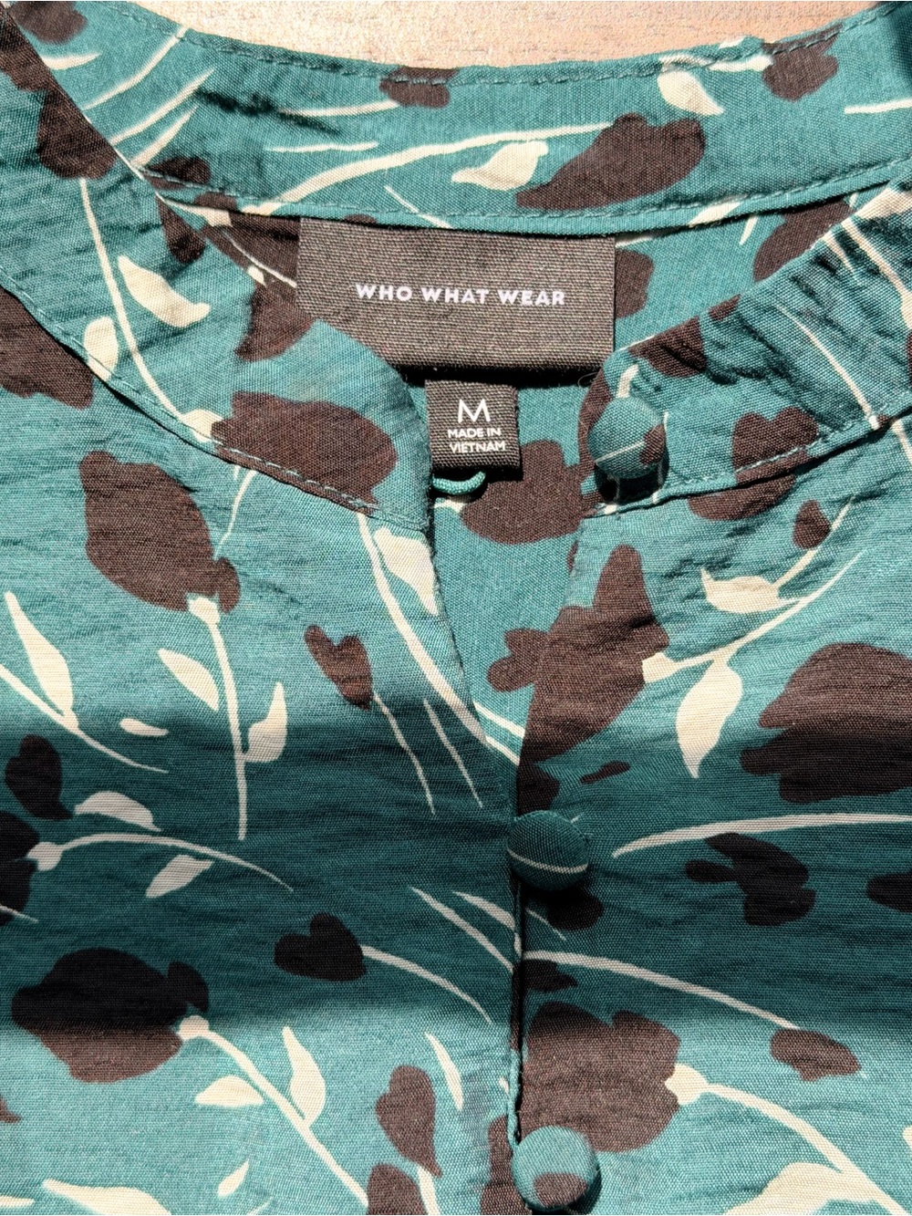 Who What Wear Teal Floral Button Front Peasant Blouse Medium Boho Cottagecore - Picture 4 of 8
